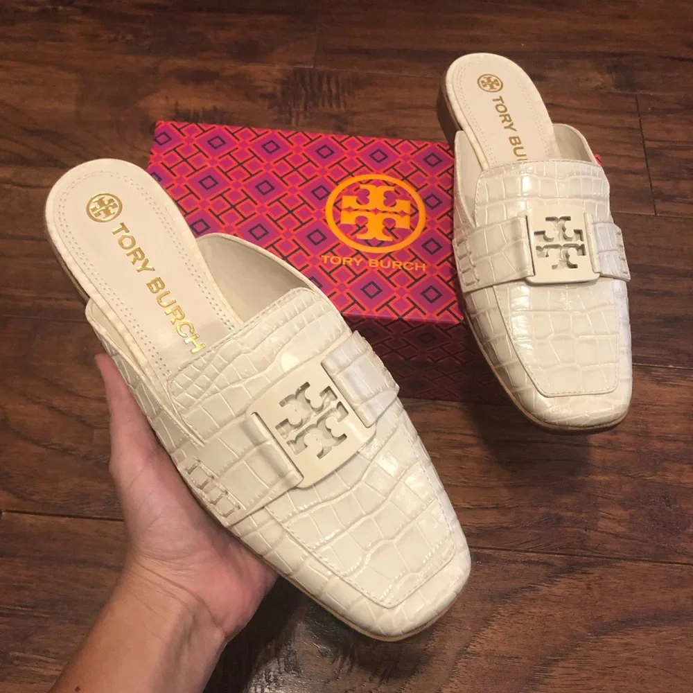 TB Tory Burch beige leather mules slip on shoes size 8.5 womens new - Picture 1 of 6
